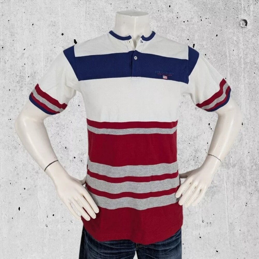 Vintage Polo Sport Ralph Lauren Banded Collar Shirt Large Stripe Made in the USA